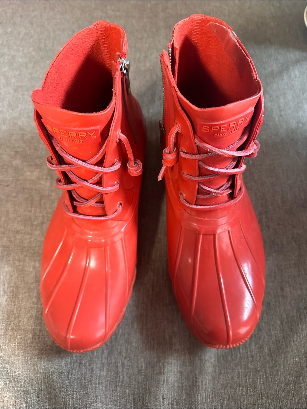 Sperry Bright Red Lace-Up Waterproof Duck Boots - Women's